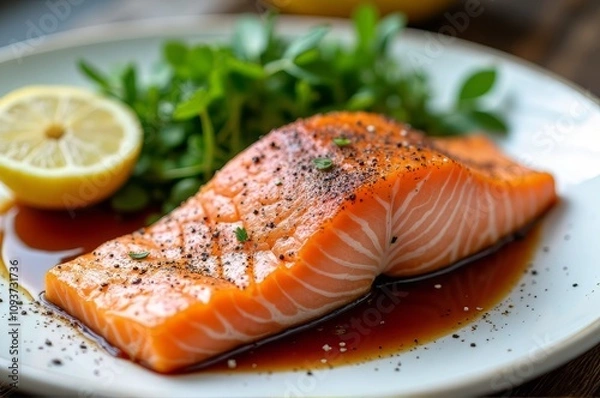 Fototapeta Baked salmon steak in soy sauce and lemon, with greens on a plate. Close-up. Useful and healthy food. For banners, posters, backgrounds.