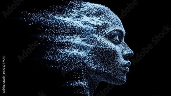 Obraz Artistic Representation of a Human Face Composed of Particles in Motion, Symbolizing Transformation and the Fusion of Technology with Human Emotion in a Dark Background