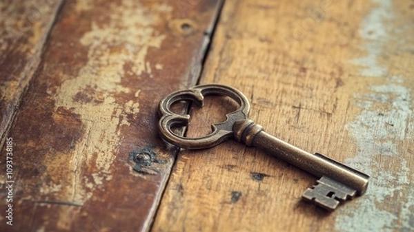 Fototapeta Vintage brass key on rustic wooden table surface