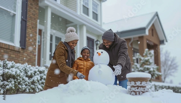Fototapeta A family building a snowman in front of their home