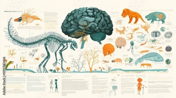 Obraz Infographic illustrating the evolution of brain size in various species over time.