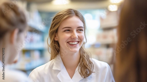 Obraz Freundliche Apothekenhelferin bedient Kunden in Apotheke oder Drogerie