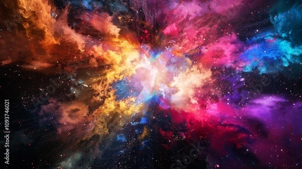 Fototapeta Cosmic bursts of color on a neutral backdrop, Minimalist white space at the center