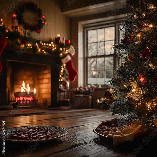 Obraz Christmas tree by the fireplace in the midst of winter 