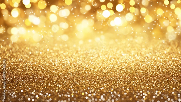Obraz Glitzernder Hintergrund in gold mit Bokeh Licht und leuchtenden Sternen für Weihnachten Silvester oder Geburtstag oder Hochzeit