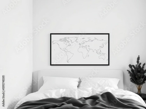 Fototapeta Black and white bedroom with map above wooden headboard, black, wall