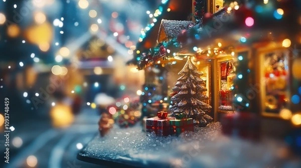 Fototapeta Christmas gift shop with vibrant lights, dynamic movement, soft glow, festive atmosphere