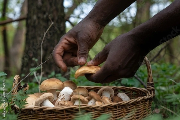 Obraz Close-up of black hands picking fresh wild mushrooms into a basket in a lush green forest.