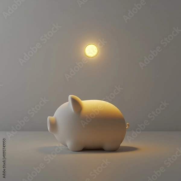 Obraz Minimalistic image of a ceramic piggy bank with a glowing coin on the wall symbolizing saving, finance, and economic prosperity