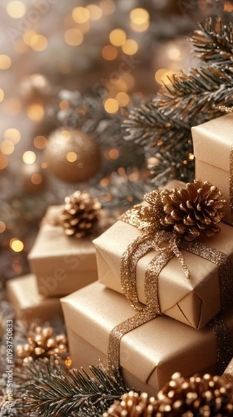 Fototapeta Stack of golden Xmas presents
