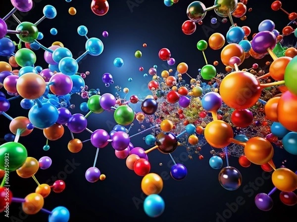 Fototapeta Abstract Representation of Vibrant Molecules Floating Against a Black Background, Creating a Striking Dynamic Visual Effect for Science and Art Themes