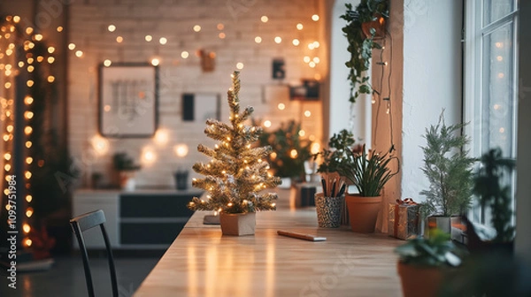 Fototapeta A modern office decorated for Christmas with a small tree