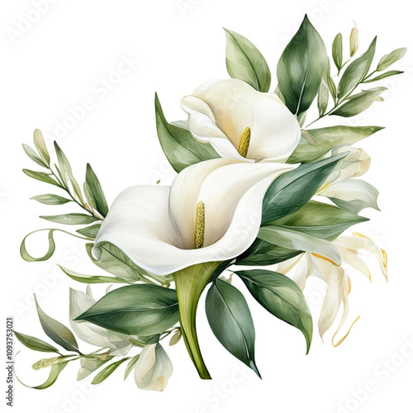 Obraz Green Vine Isolated on Transparent Background with Watercolor Olive Leaves and Cream Calla Lilies for Invitations