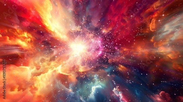 Fototapeta Cosmic energy bursts on a minimalist canvas, Spacious white space framing the text