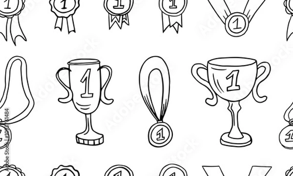Obraz Seamless pattern of medal and cup in doodle style. First place, trophy, victory, achievment, award, winner. Hand drawn vector illustration for posters, stickers. Elements of sport, business and school