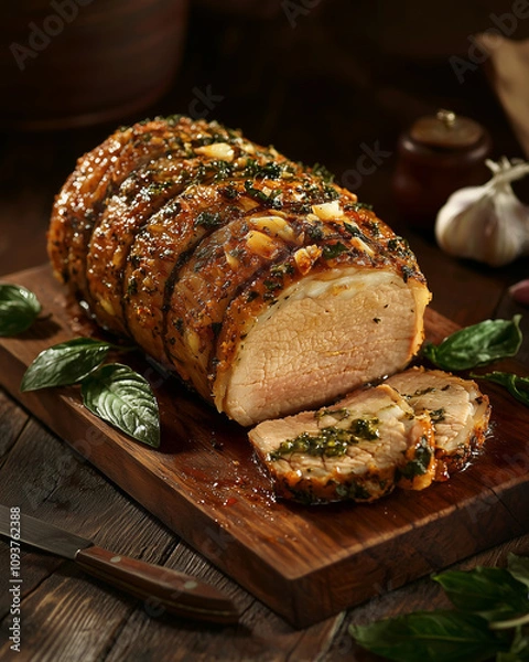 Obraz rustic roasted pork loin with herbs and garlic, beautifully presented on a wooden board