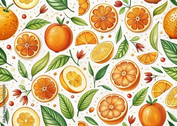 Fototapeta Aerial View of a Doodle Orange Fruit Pattern on White Background Perfect for Textiles and Packaging Design, Featuring Whimsical and Playful Illustrations of Juicy Oranges