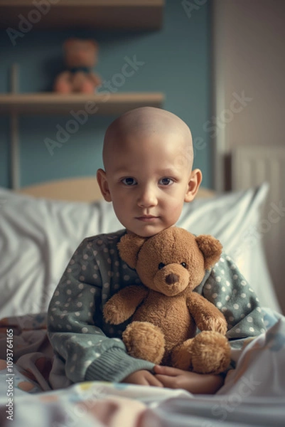 Fototapeta Little bald child holding a teddy bear. Small patient with oncology in a hospital. A little boy with cancer, after chemotherapy.