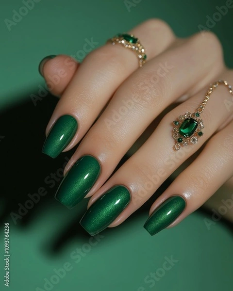 Obraz Elegant woman's hand with shimmering green nail polish, adorned with matching emerald ring and pendant on green background