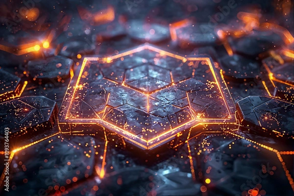 Fototapeta Abstract Hexagons with Glowing Orange Lights
