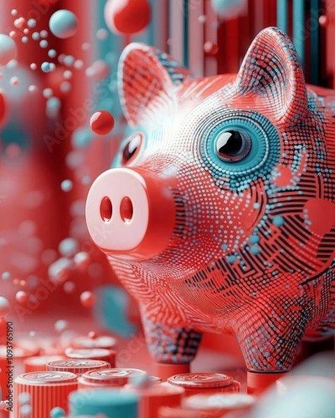 Obraz Futuristic abstract piggy bank in vibrant red and blue colors surrounded by digital currency symbols and 3D geometric shapes