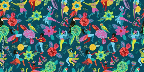 Fototapeta Vector seamless pattern with abstract men and women in bright costumes. Brazil carnival. Design templates for carnival concept and other