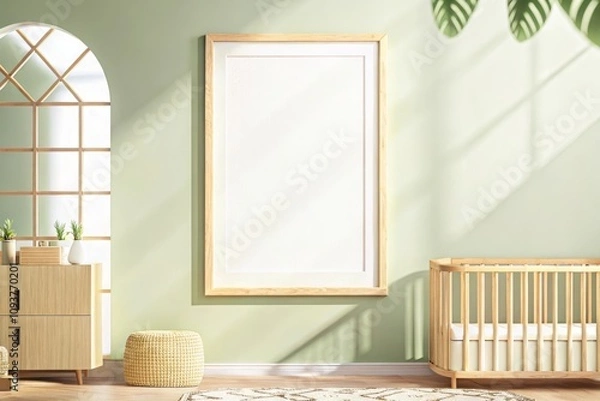 Obraz Modern nursery interior with a blank frame on the wall, geometric accents, and warm orange tones, featuring a crib and cozy decor elements
