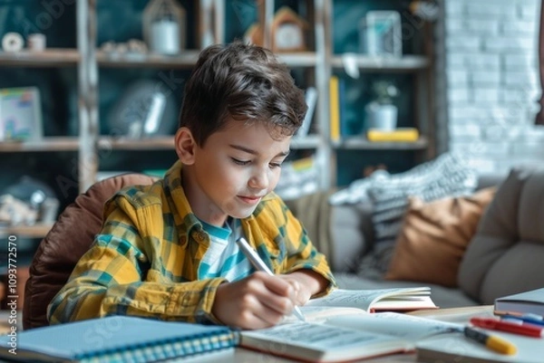 Fototapeta Doing Homework. education - happy boy doing homework and writing to notebook at home