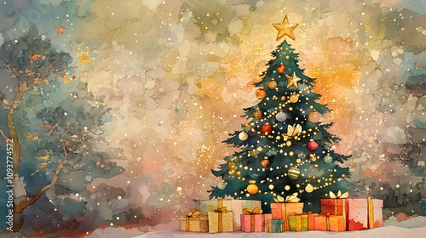 Fototapeta Christmas tree with golden lights and wrapped gifts set against a shimmering watercolor backdrop.high quality image