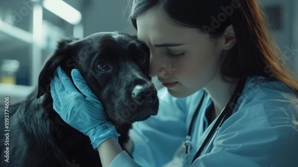 Obraz A veterinarian holding a black lab dog in a loving embrace.  Shows empathy, compassion, and connection between humans and animals.