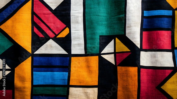 Fototapeta Colorful geometric Ndebele art pattern on South African textile fabric.4k image