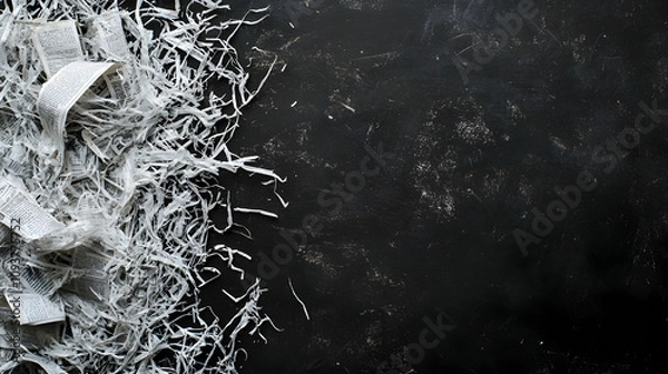Fototapeta Eight sections of shredded newspaper on a black background. Copy space image. Place for adding text and design.4k image