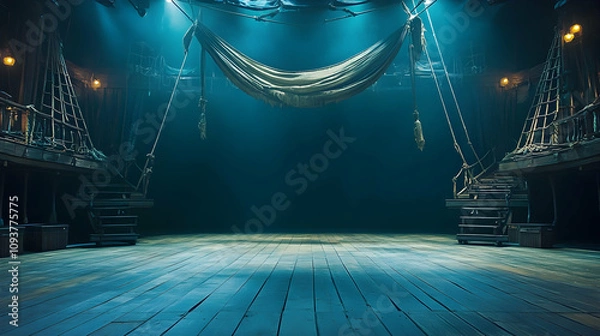 Fototapeta Empty pirate ship deck on a theater stage, evoking a nautical scene.high quality image