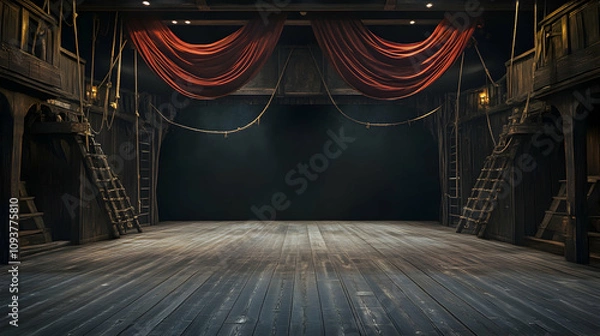 Fototapeta Empty pirate ship deck on a theater stage, evoking a nautical scene.4k image
