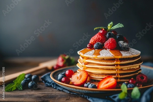Fototapeta Pancakes with berries and honey in a plate on a wooden vintage table. Delicious pancakes with strawberries, blueberries and raspberries, side view. Pancakes close-up