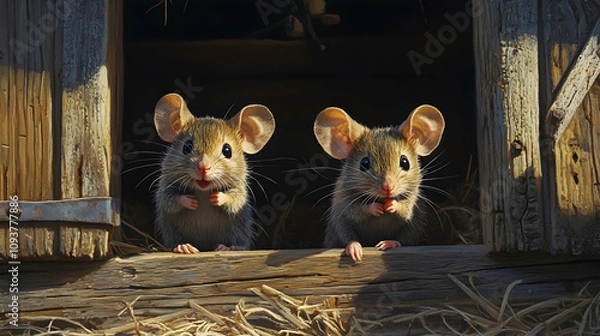 Fototapeta Playful Mice Scurrying Around in Rustic Barn.4k image