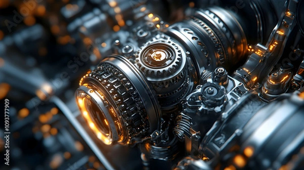 Fototapeta Powerful Engine with Gears and Metal Parts.4k image