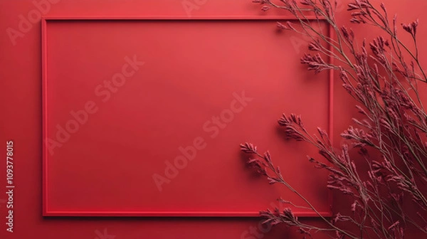 Obraz Red Christmas template for design featuring a festive frame against a red background Flat lay top view and copy space for text.4k image
