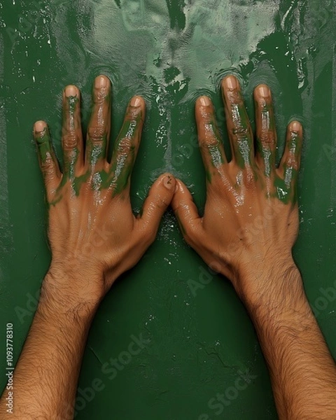 Obraz Close-up of two human hands covered in wet green paint pressed against a textured surface with fingers spread wide apart