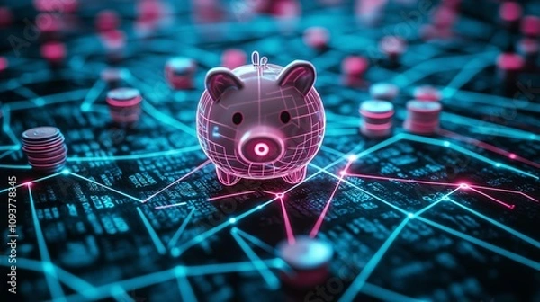 Obraz Futuristic piggy bank with digital grid patterns representing financial technology, digital savings innovations, and electronic currency in a networked world