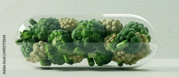 Fototapeta Keto diet supplements made from cruciferous vegetables in capsule form, promoting health nutrition.