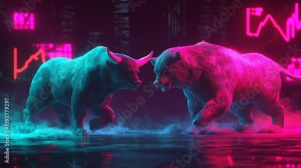 Obraz Vibrant neon illustration of bull and bear confrontation symbolizing financial market volatility with dynamic colorful lighting and stock graph background
