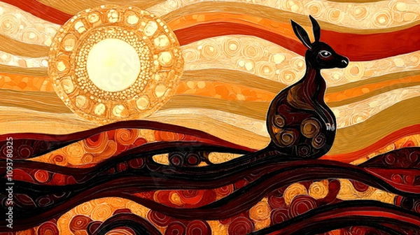 Fototapeta Aboriginal Art Depicting Kangaroo and Sunset.4k image