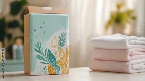Fototapeta Cardboard box with eco-friendly laundry detergent, bright illustrations of plants and water droplets on the packaging. In the corner of the frame, you can see freshly folded laundry.