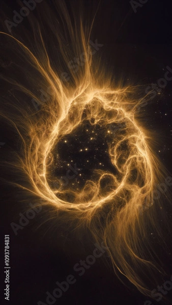 Fototapeta Dynamic golden galactic nebula radiating luminous light with intricate spirals of glowing dust. Star-filled cosmic astronomy background