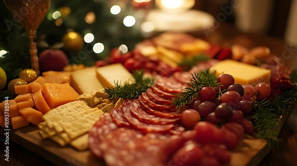 Obraz A festive charcuterie board featuring cheese cured meats fruits and crackers.
