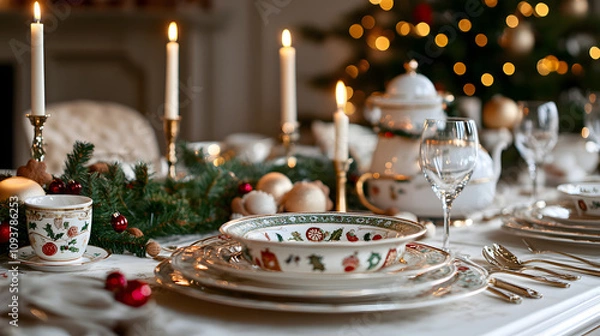 Obraz A festive dining table set with elegant Christmas-themed dishes and candles.