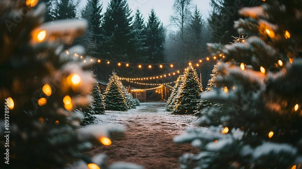 Obraz A magical Christmas tree farm with snow-dusted evergreens and string lights.