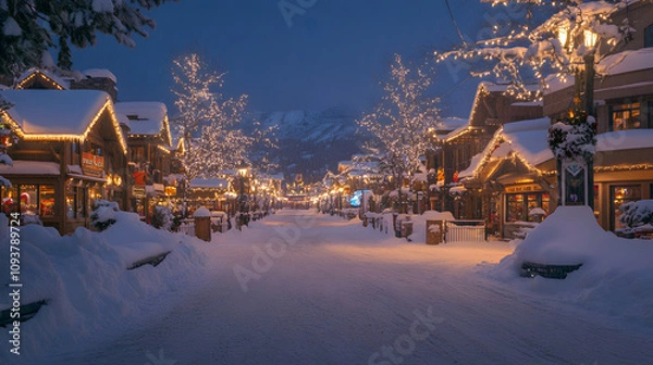 Obraz A magical street scene with buildings covered in Christmas lights and snow.