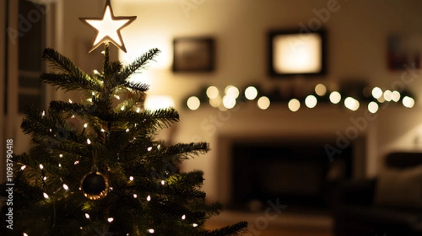 Obraz A minimalist Christmas tree with white lights and a star topper in a modern room.